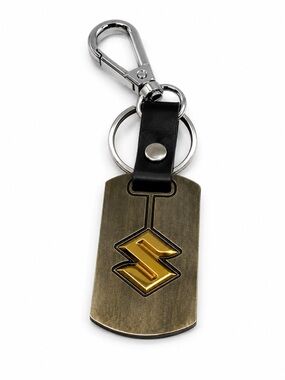 Metallic Gold-Accent Dog Tag Keychain with Black Leather Strap
